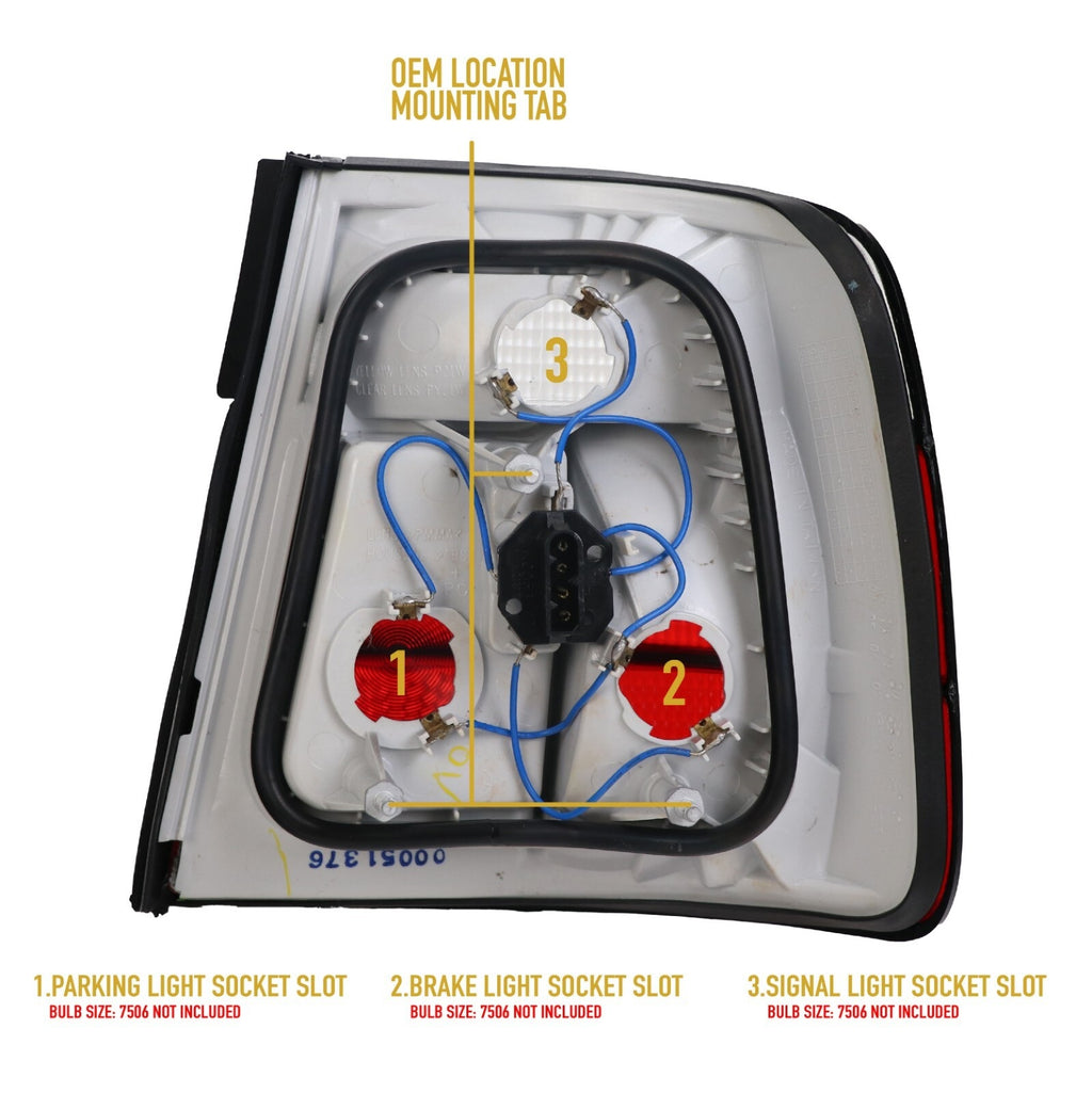 Back of the E34 tail light: OEM location mounting tab, parking, brake and signal socket slots