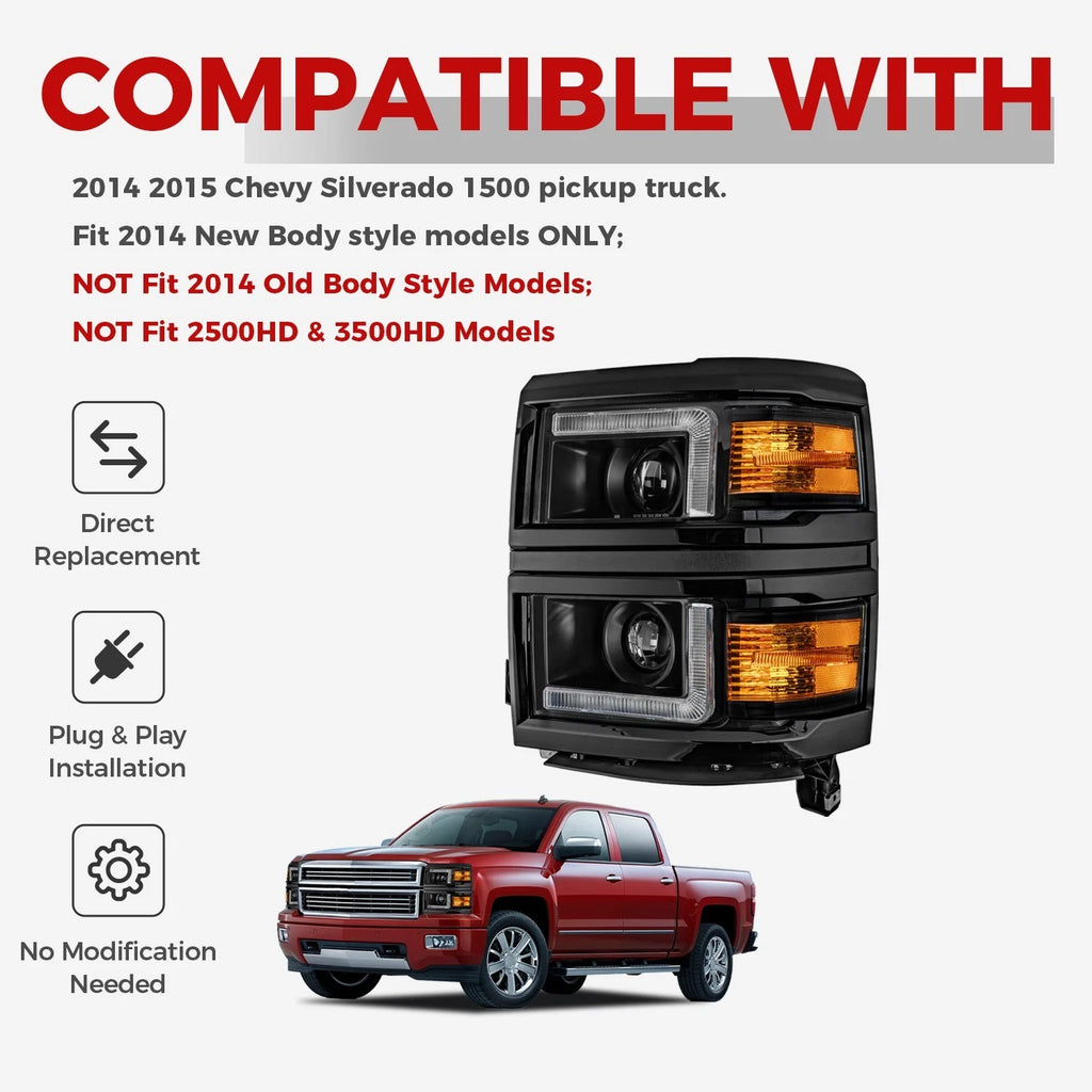 Fitment chart for Black Projector Halogen headlights, 2014-2015 Chevrolet Silverado 1500 (image 2)