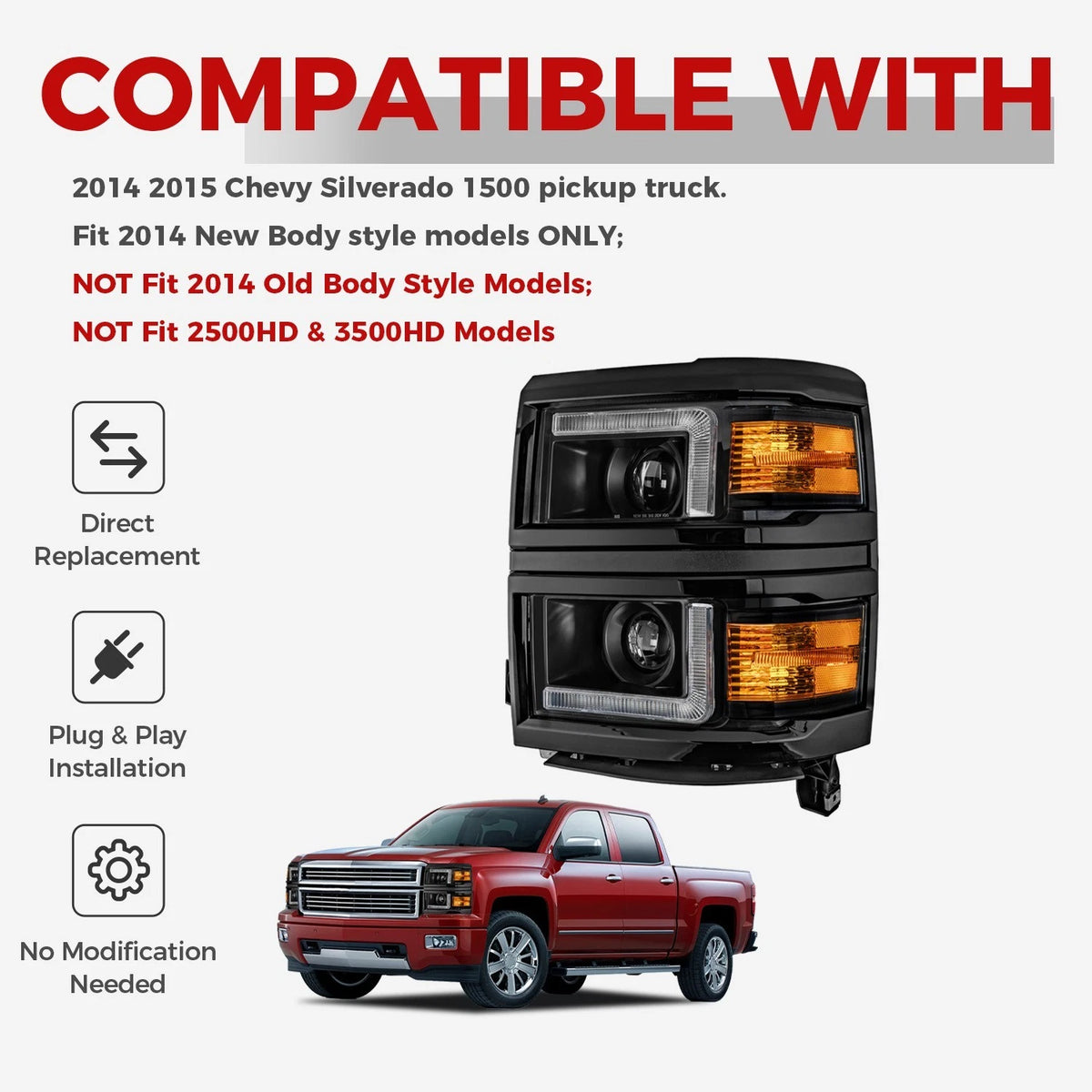 Fitment chart for Black Projector Halogen headlights, 2014-2015 Chevrolet Silverado 1500 (image 2)