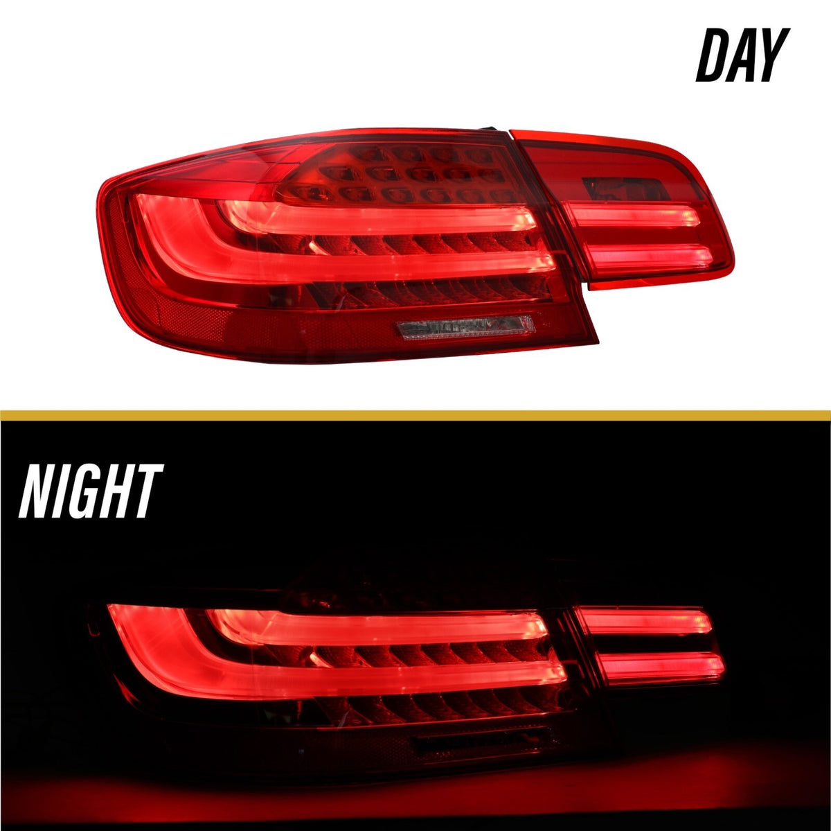 E92 LCI style tail light LED parking light bars lit, day and night