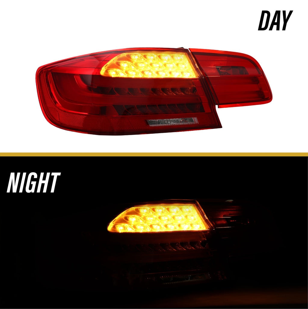 E92 LCI style tail light amber LED turn signal lit, day and night