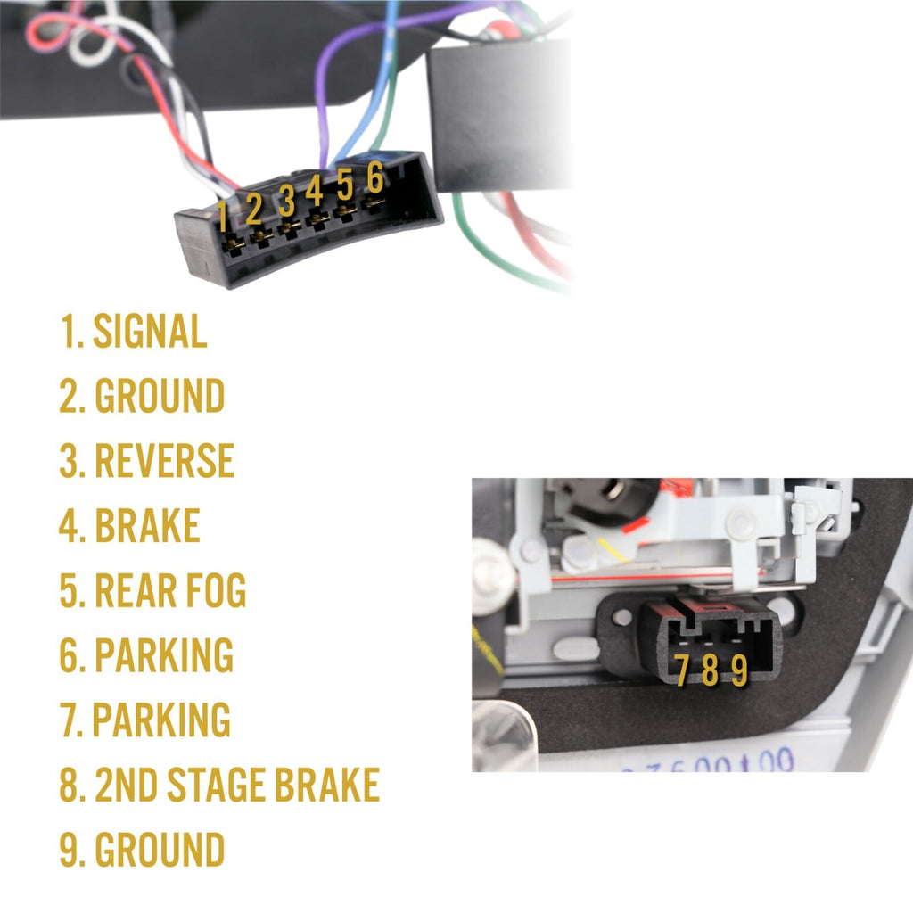 E92 LCI style tail light connector pinout: signal, ground, reverse, brake, rear fog, parking, 2nd stage brake
