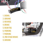E92 LCI style tail light connector pinout: signal, ground, reverse, brake, rear fog, parking, 2nd stage brake
