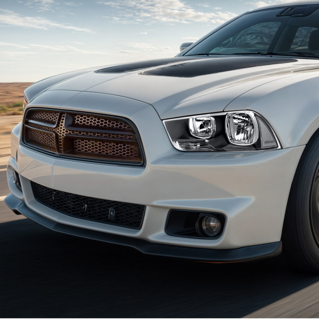 Passenger side Black Halogen headlight close-up for 2011-2014 Dodge Charger