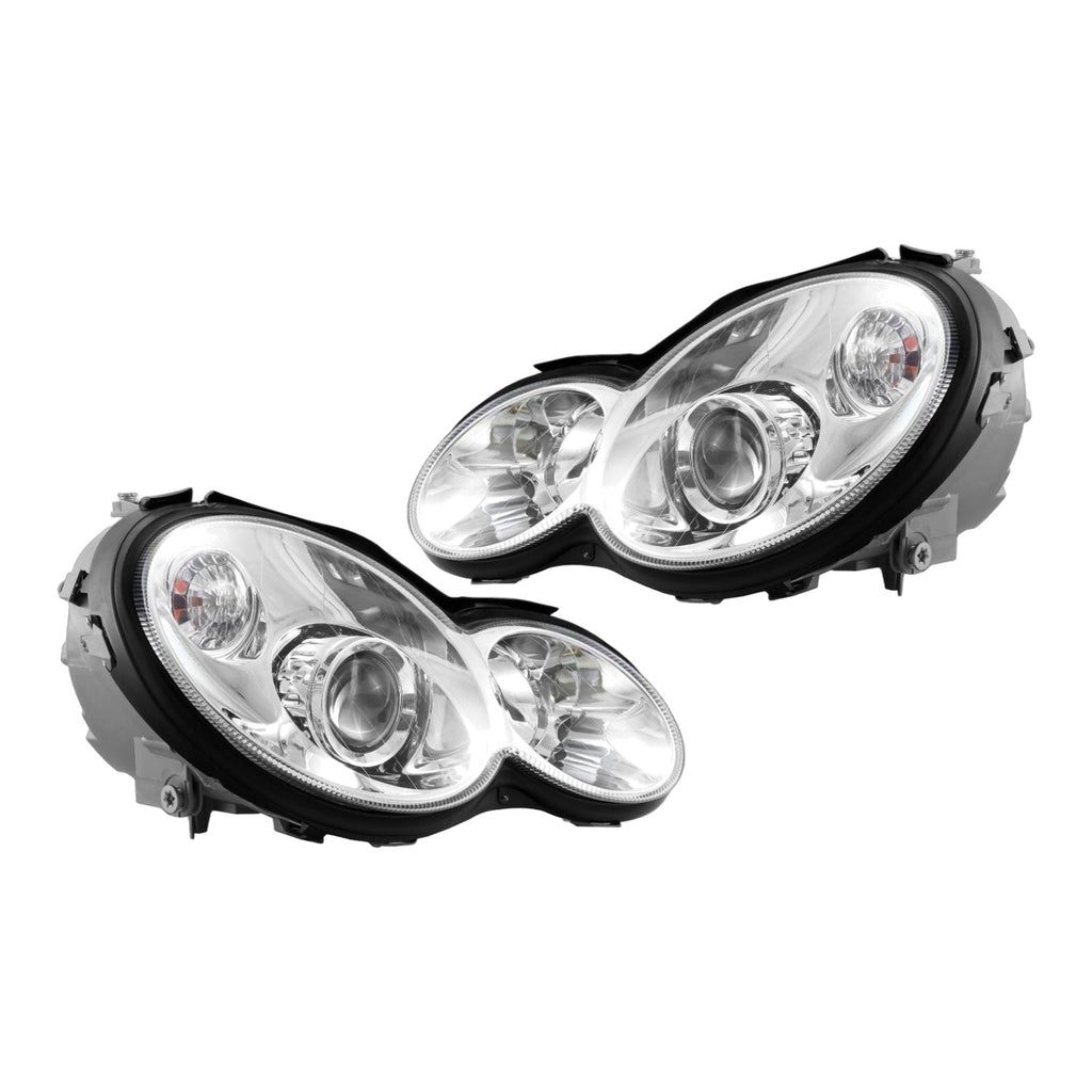 AMG Style Chrome Projector Headlights with LED Bulbs for Mercedes-Benz C-Class W203 Sport Coupe (2002-2005) - left and right pair