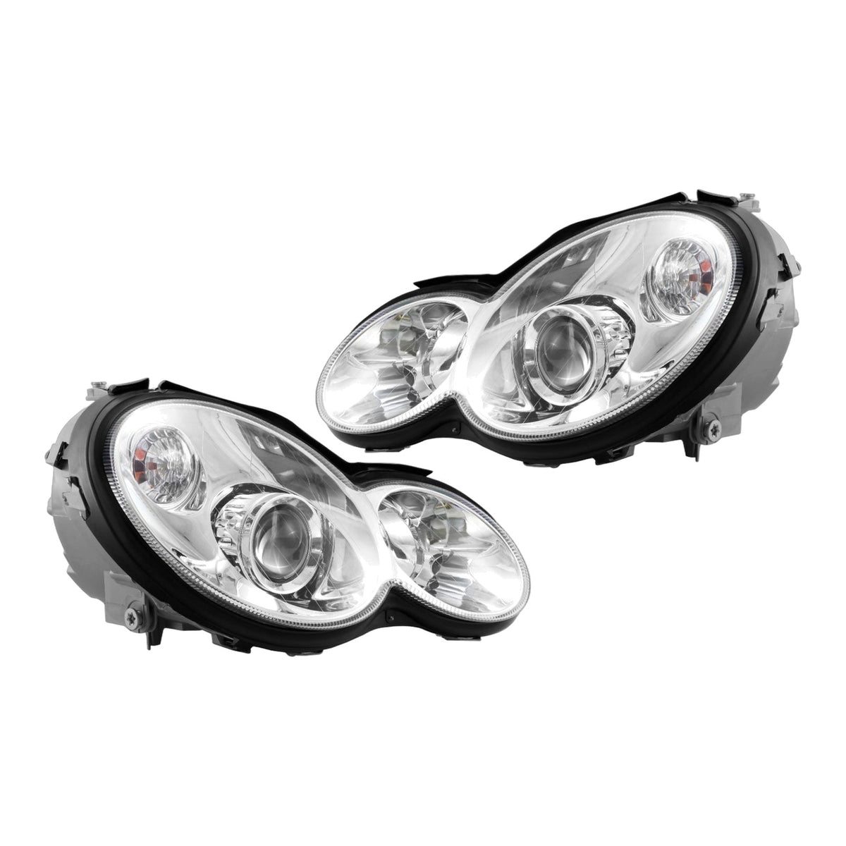 AMG Style Chrome Projector Headlights with LED Bulbs for Mercedes-Benz C-Class W203 Sport Coupe (2002-2005) - left and right pair