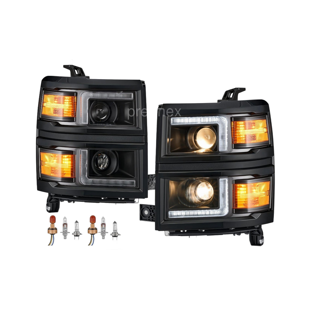 Black Projector Halogen Headlights Pair with LED DRL for Chevrolet Silverado 1500 (2014-2015)
