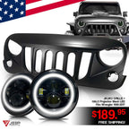 ARES Monster Grille with HALO Projector Black LED Headlights for Wrangler 2007-2018 Grille