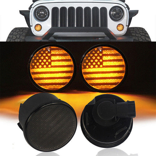 USA American Flag LED Turn Signals Lights Set Amber Smoked Lens for 2007-2018 Jeep Wrangler JK JKU Default Title Lighting