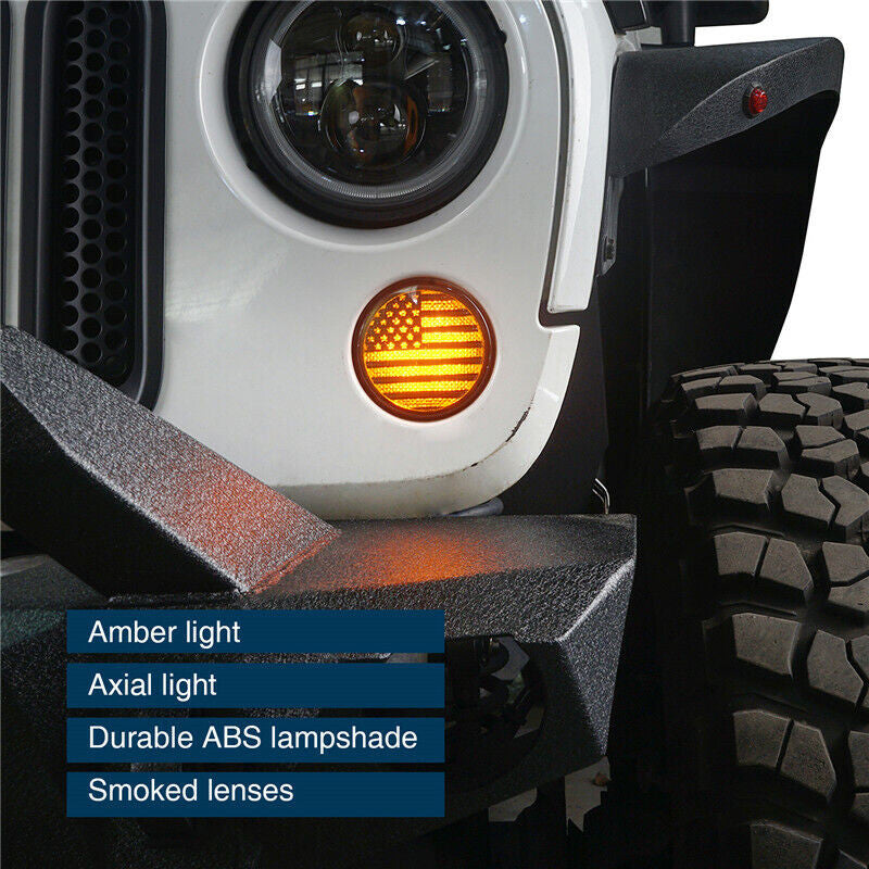 USA American Flag LED Turn Signals Lights Set Amber Smoked Lens for 2007-2018 Jeep Wrangler JK JKU Lighting
