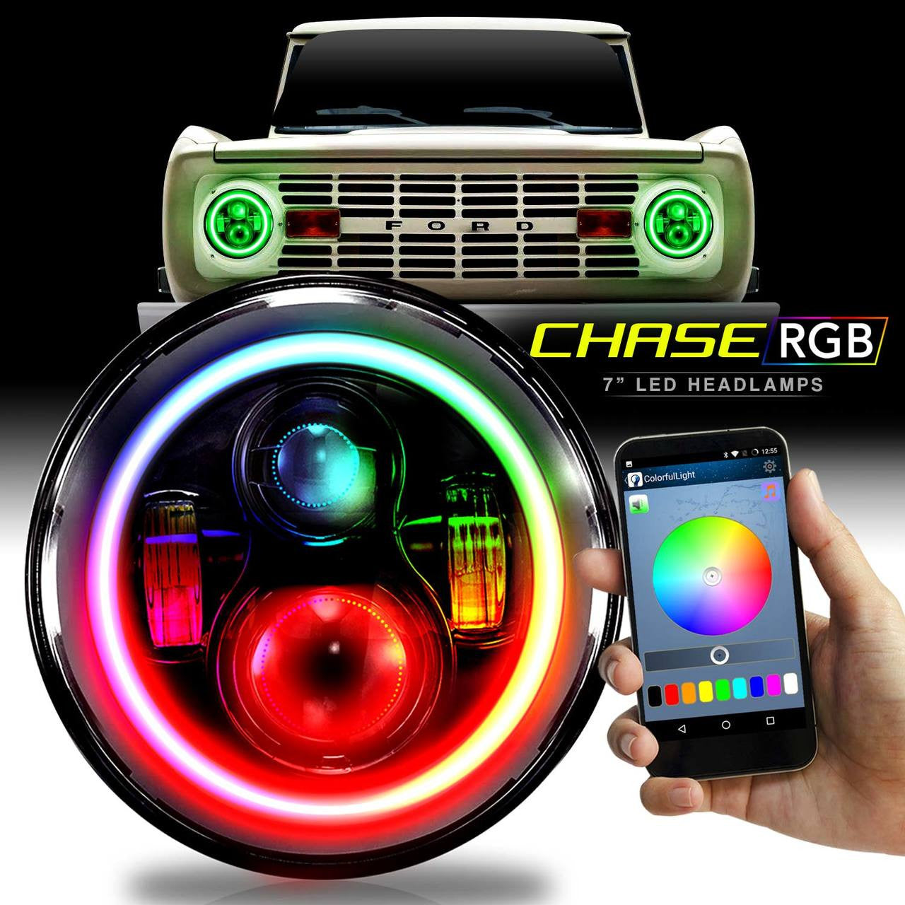 HALO RGB CHASE Projector LED Headlights for Wrangler 1996-2018 Lighting