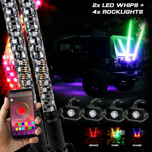 2x Color Chasing Whip Lights with 4x Rock Lights Kit Lighting