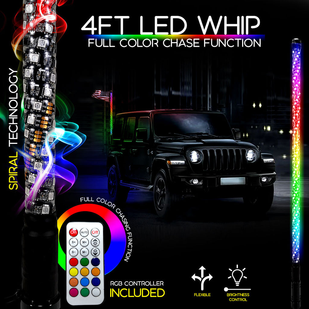 LED RGB Color Chasing Whip Lights 3 4 5 Feet Lighting