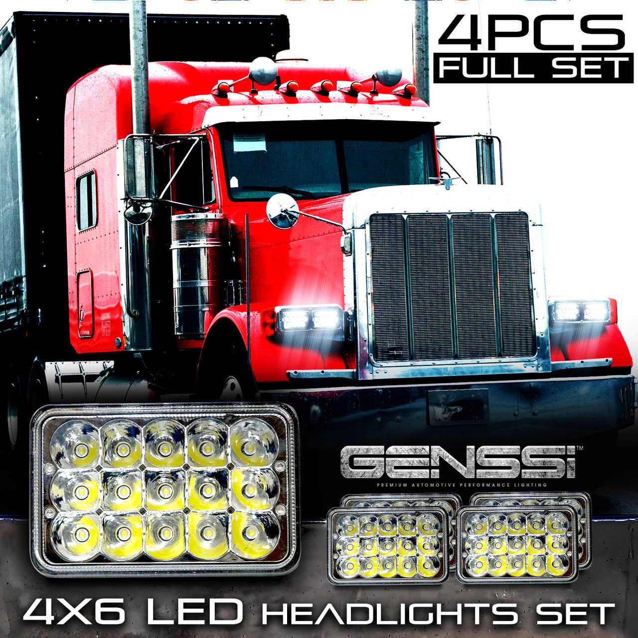 4x6 LED Array Headlights H4651 H4652 H4656 H4666 H6545 Chrome Set Lighting