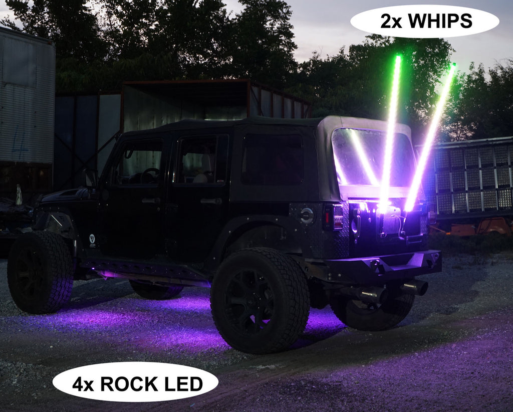 2x Color Chasing Whip Lights with 4x Rock Lights Kit Lighting