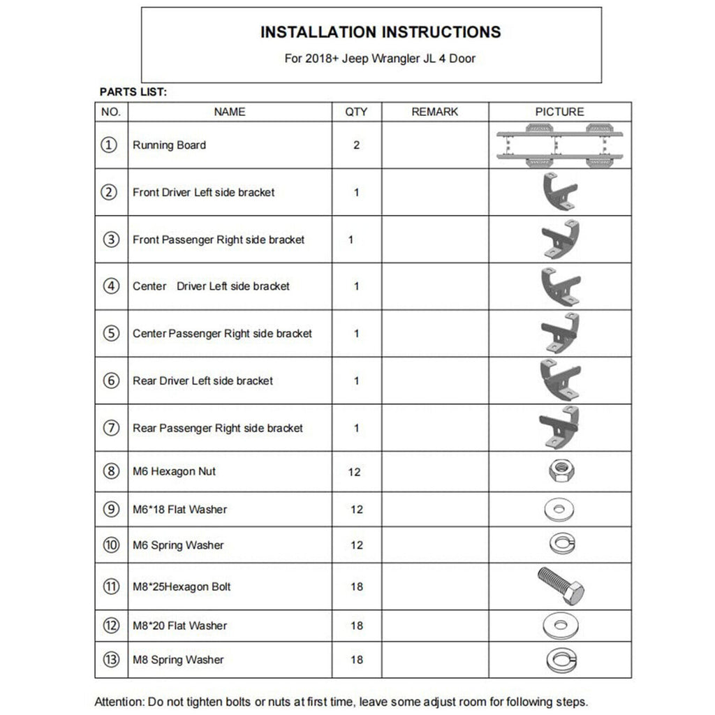 7" Running Boards Side Steps for 2018-2023 Jeep Wrangler JL 4-Door Exterior Part