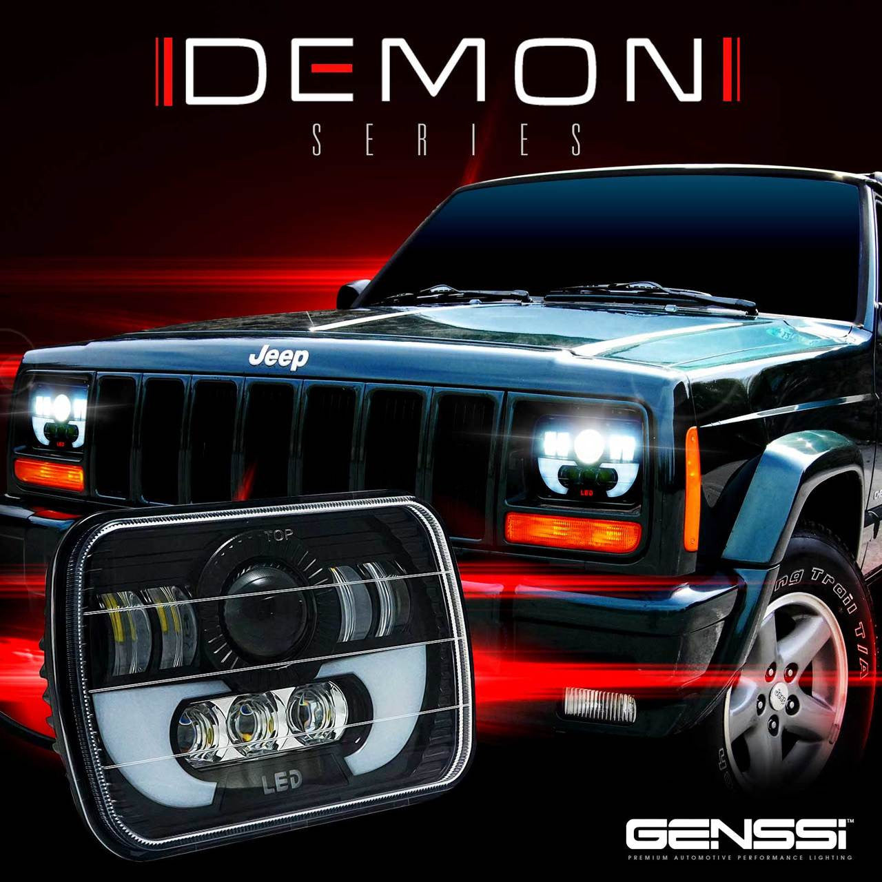 7x6 (5x7) H6054 200mm LED Projector w/ Demon DRL Headlights Black Set Lighting