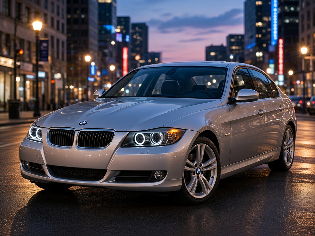 2009-2012 BMW 3 Series E90 with black projector angel eye headlights installed