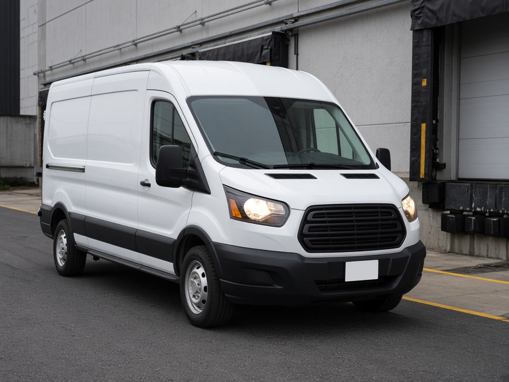 2015-2026 Ford Transit with black trim halogen headlights installed