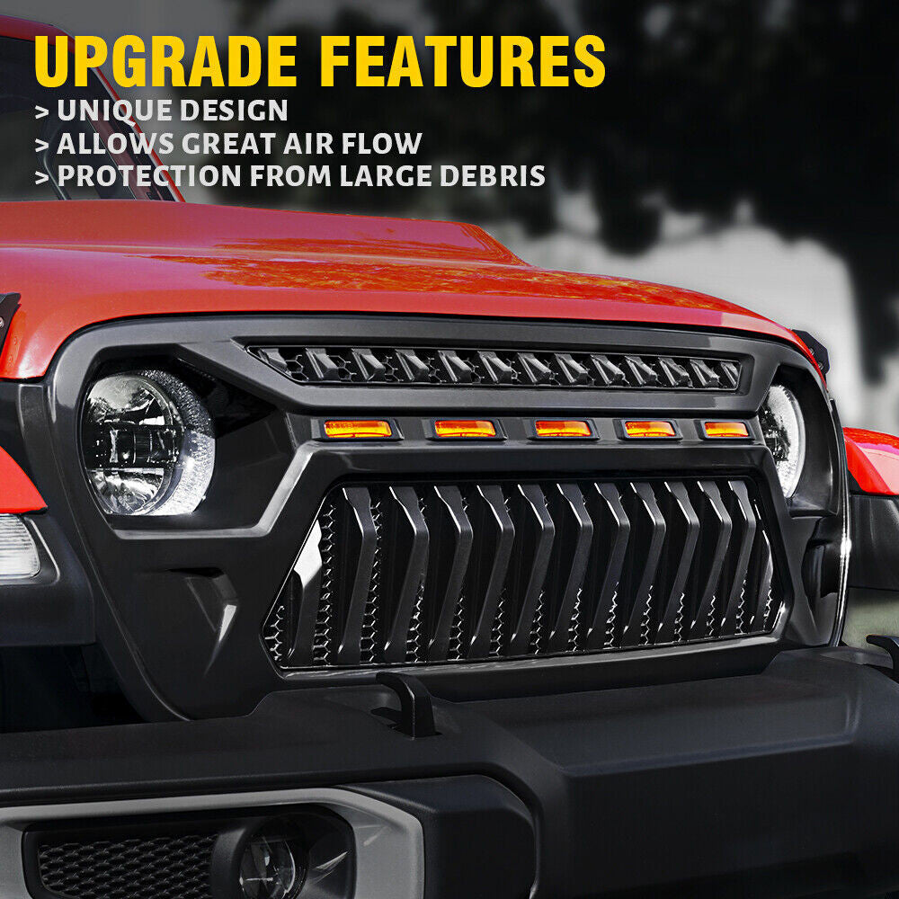 Matte Black Grille with LED Amber Running Lights for 2018-2023 Jeep Wrangler JL JLU JT Grille