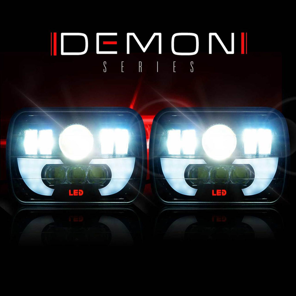 7x6 (5x7) H6054 200mm LED Projector w/ Demon DRL Headlights Black Set Lighting