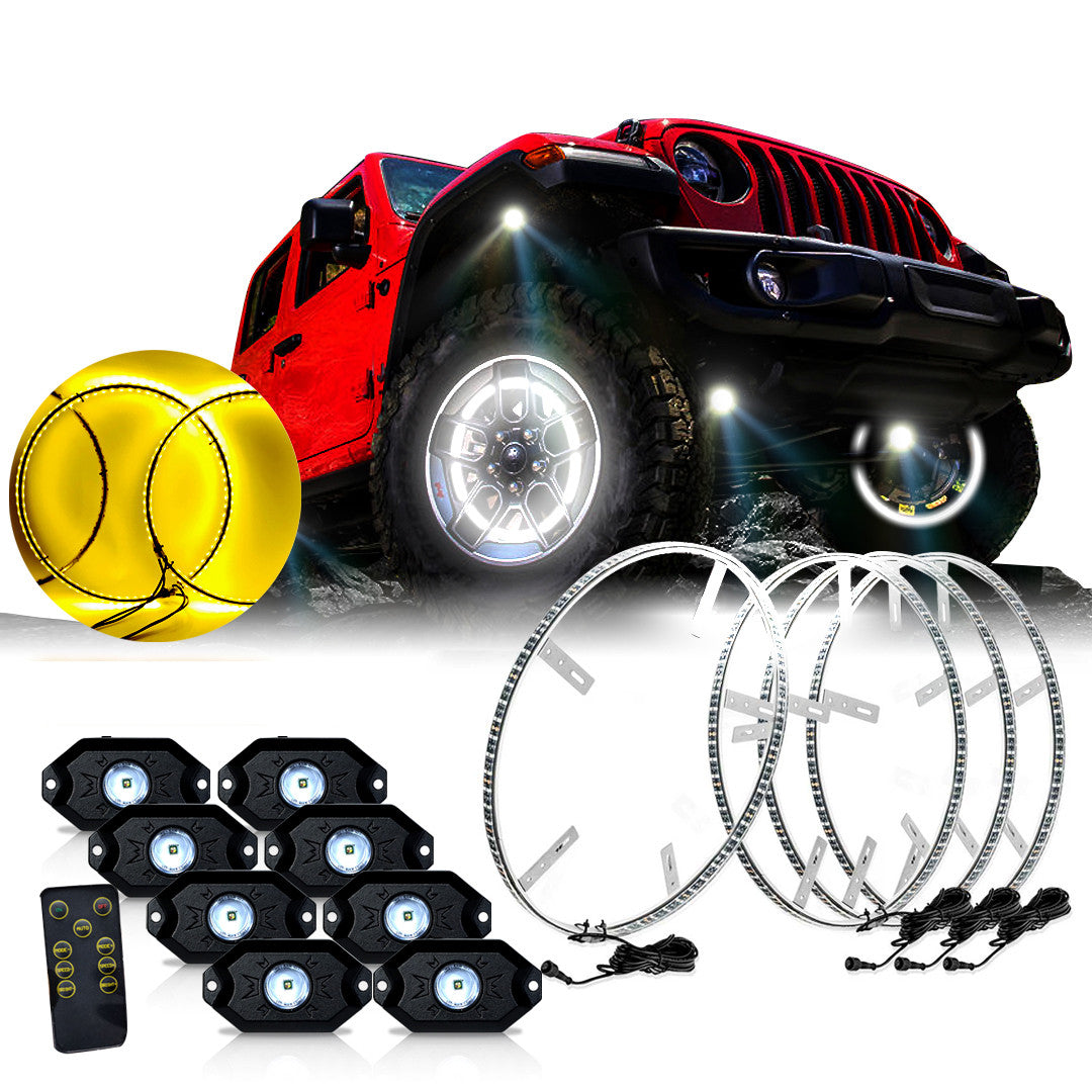 LED Wheel Lights Kit White with Turn Signal and 8 White Rock Lights Lighting