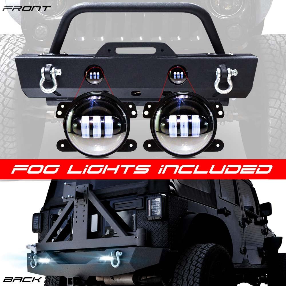 Front and Rear Tire Carrier Stubby Rock Crawler Bumpers w/LED Fog for Wrangler JK 2007 - 2018 - GENSSI Bumper