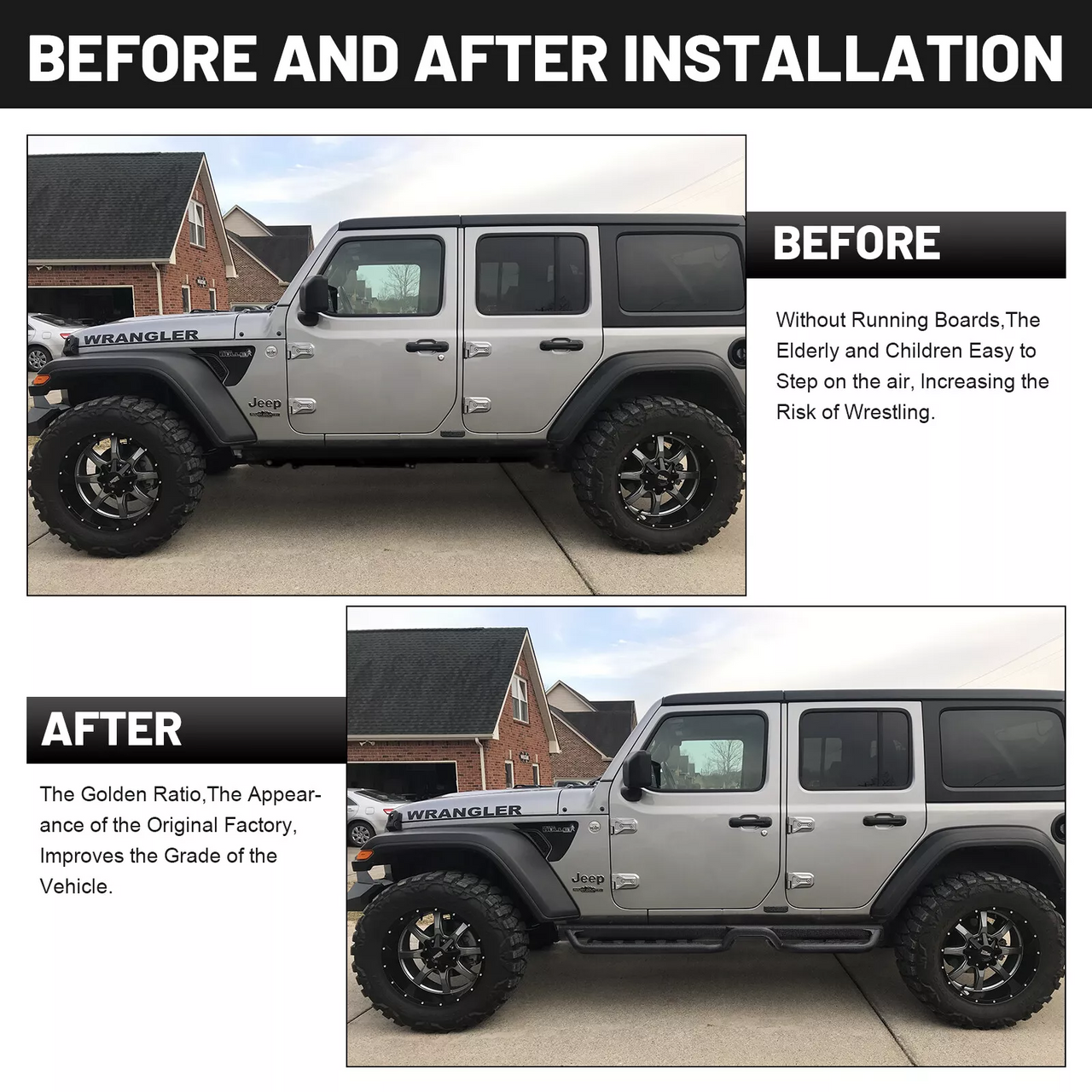 Running Boards Side Steps Bars BDK for 2018-2025 Jeep Wrangler JL Unlimited 4-Door Exterior Part