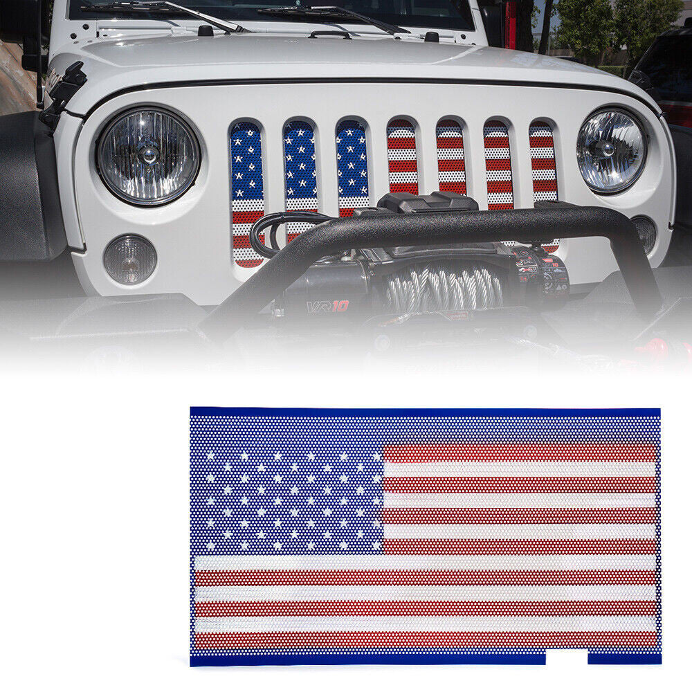 USA Flag Door Handle Inserts and Aluminum USA Flag Grille Insert for 2007-2018 Jeep Wrangler JK JKU Grille