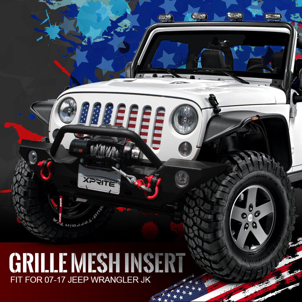 USA Flag Door Handle Inserts and Aluminum USA Flag Grille Insert for 2007-2018 Jeep Wrangler JK JKU Grille