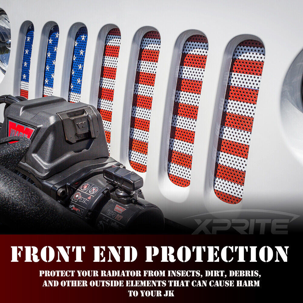 USA Flag Door Handle Inserts and Aluminum USA Flag Grille Insert for 2007-2018 Jeep Wrangler JK JKU Grille