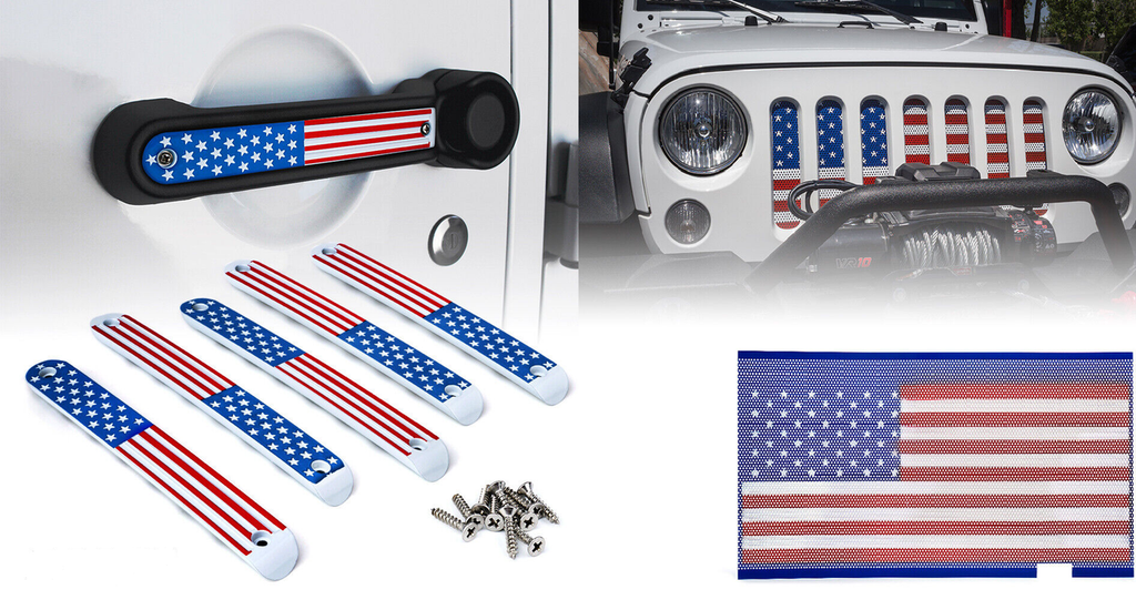USA Flag Door Handle Inserts and Aluminum USA Flag Grille Insert for 2007-2018 Jeep Wrangler JK JKU Grille