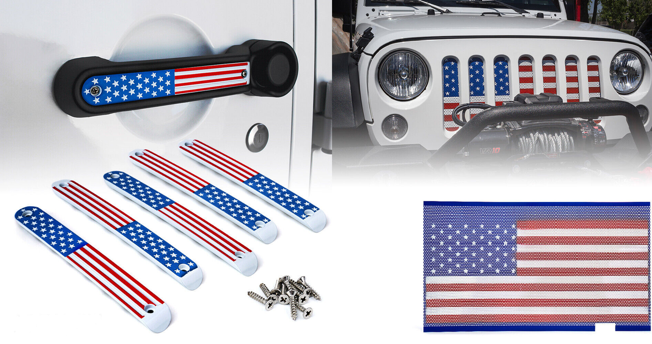 USA Flag Door Handle Inserts and Aluminum USA Flag Grille Insert for 2007-2018 Jeep Wrangler JK JKU Grille