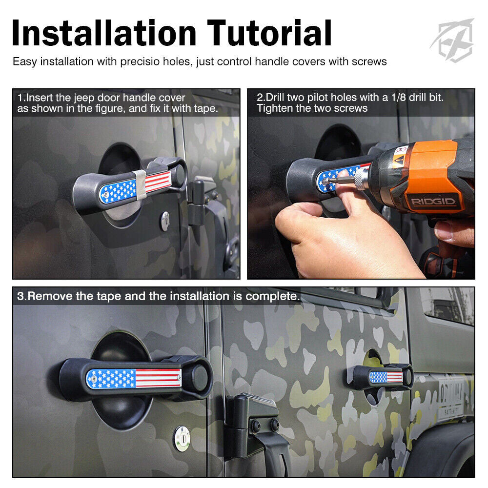 USA Flag Door Handle Inserts and Aluminum USA Flag Grille Insert for 2007-2018 Jeep Wrangler JK JKU Grille