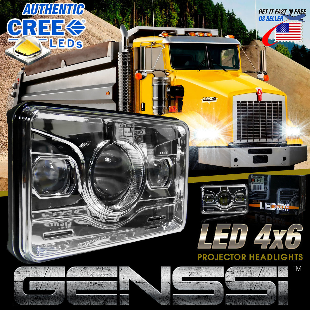 4x6 LED Projector Headlights H4651 H4652 H4656 H4666 H6545 Chrome Set Lighting