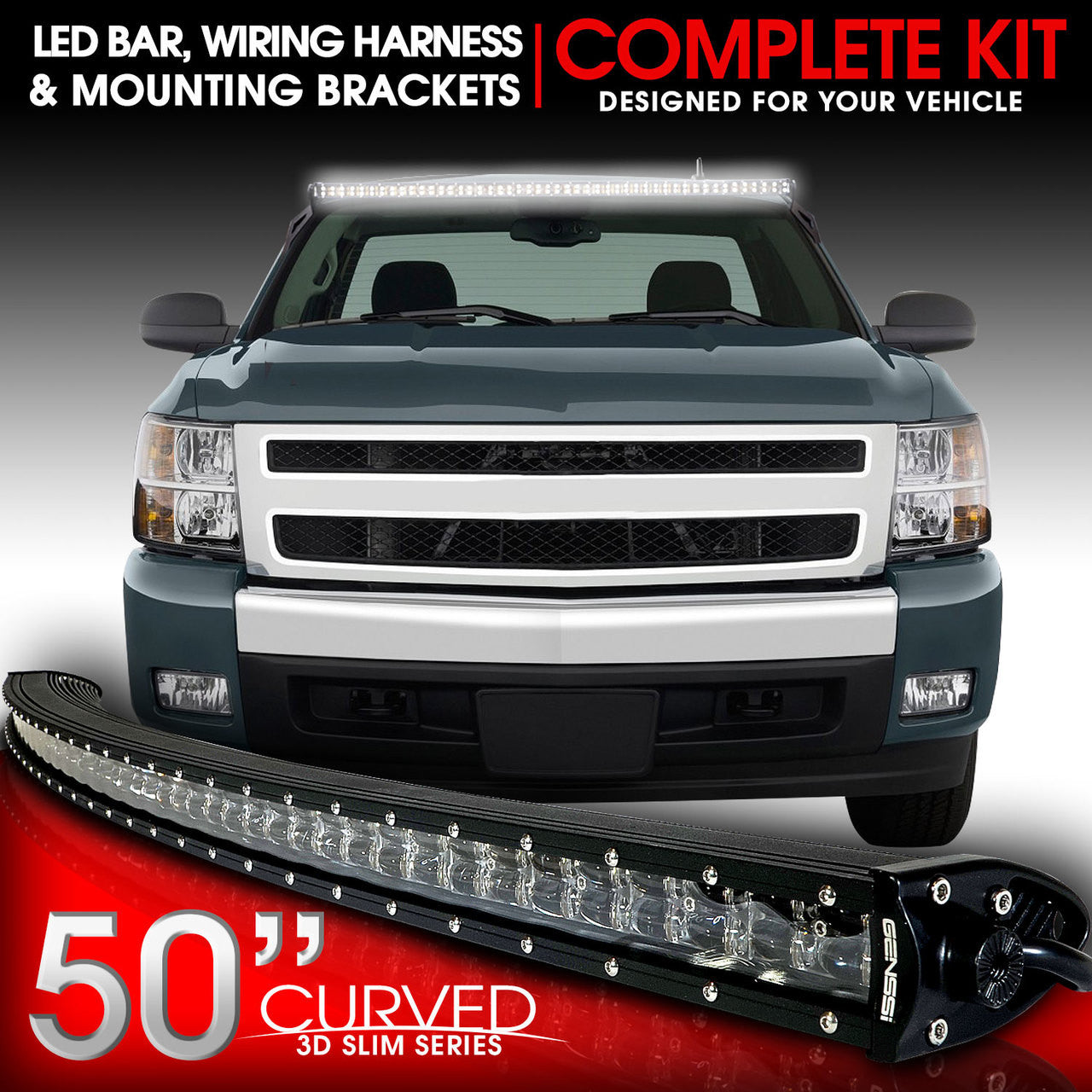 LED Light Bar Curved 288W 50 Inches Bracket Wiring Harness Kit for GMC Sierra Chevy Silverado Trucks 2007-2013 Lighting