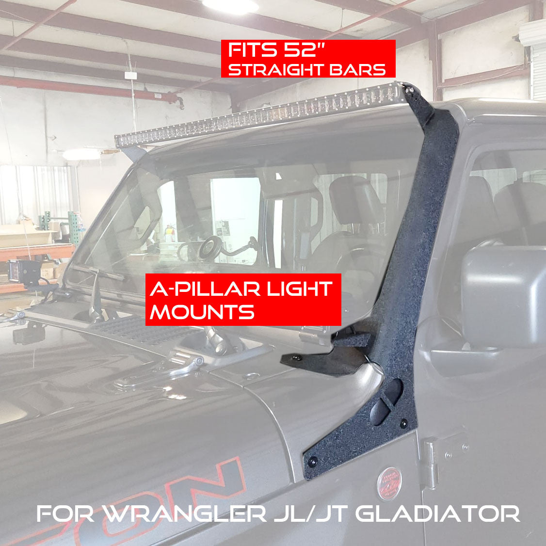 52 Inch Light Bar Bracket for Jeep Wrangler JL JLU JT Gladiator with A-Pillar Pod Mount Exterior Part