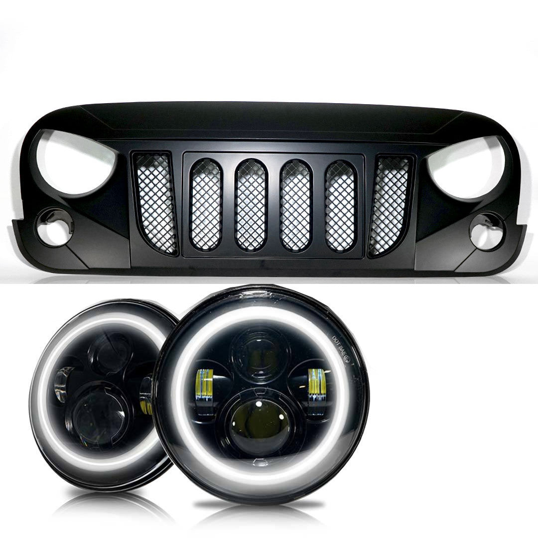 ARES Monster Grille with HALO Projector Black LED Headlights for Wrangler 2007-2018 Grille