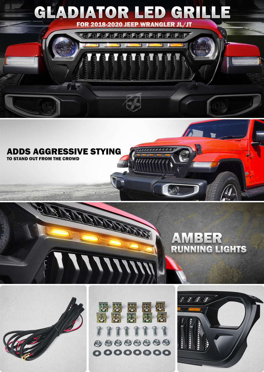LED Bar Front Grille for Jeep Wrangler JL & Gladiator 2018-2023 Grille