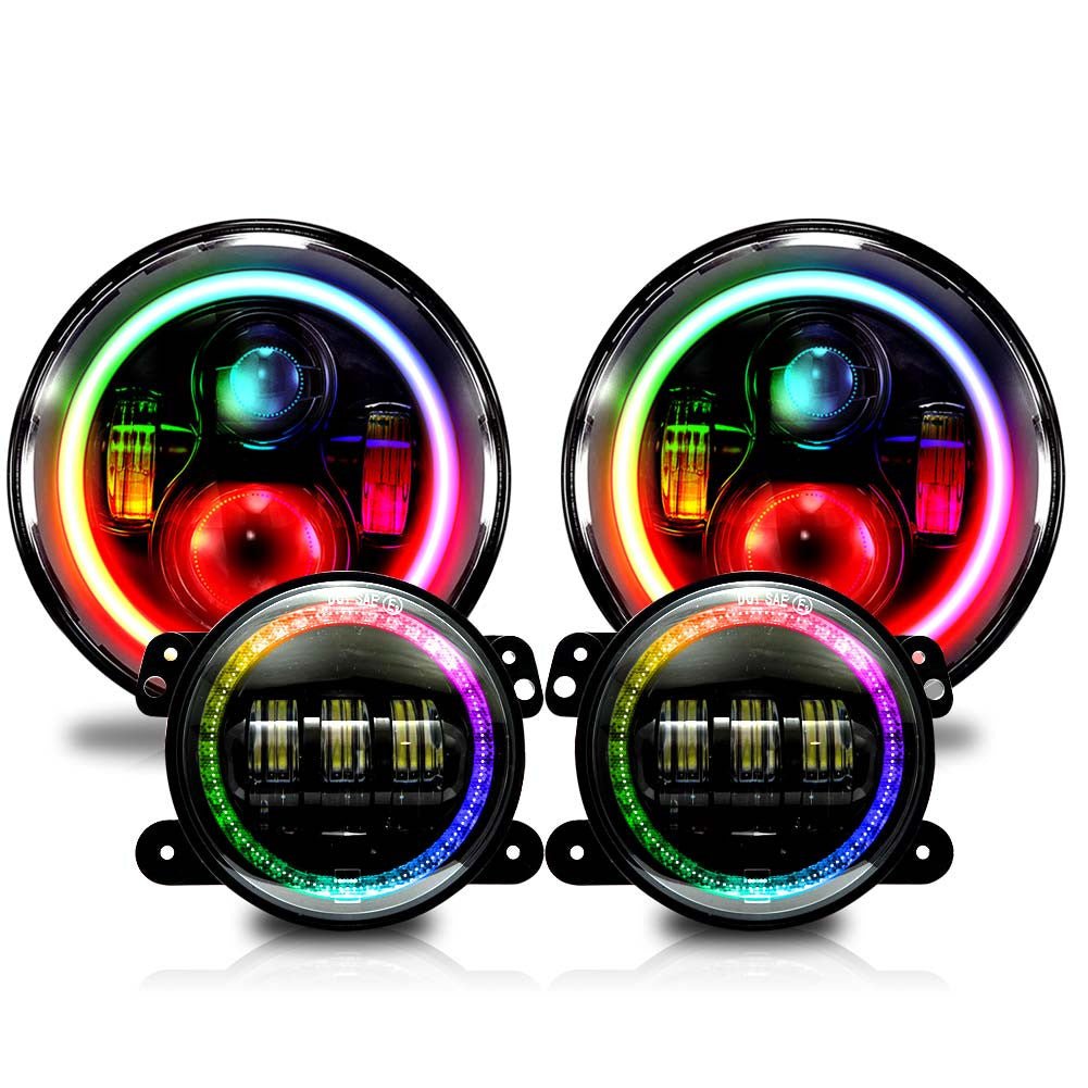 7 Inch HALO Chasing RGB Color Projector LED Headlights & Fog Lights Kit for Wrangler JK 2007 - 2017 - GENSSI Lighting