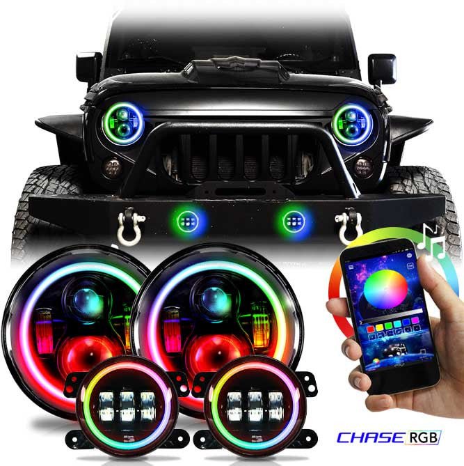 7 Inch HALO Chasing RGB Color Projector LED Headlights & Fog Lights Kit for Wrangler JK 2007 - 2017 - GENSSI Lighting