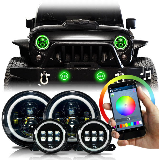 7 Inch HALO RGB Color Projector LED Headlights & Fog Lights Kit for Wrangler JK 2007-2017 Lighting