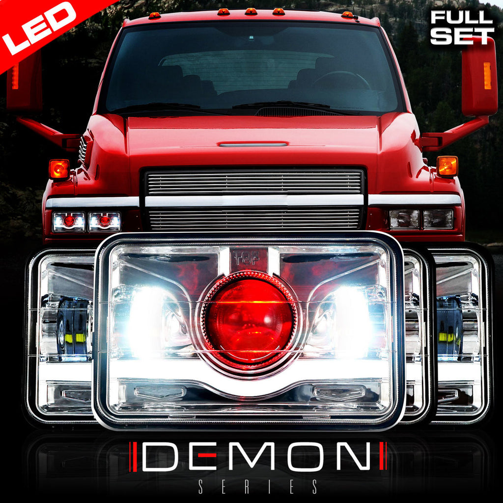4x6 LED Projector Demon DRL Eyes Headlights Chrome Set Lighting