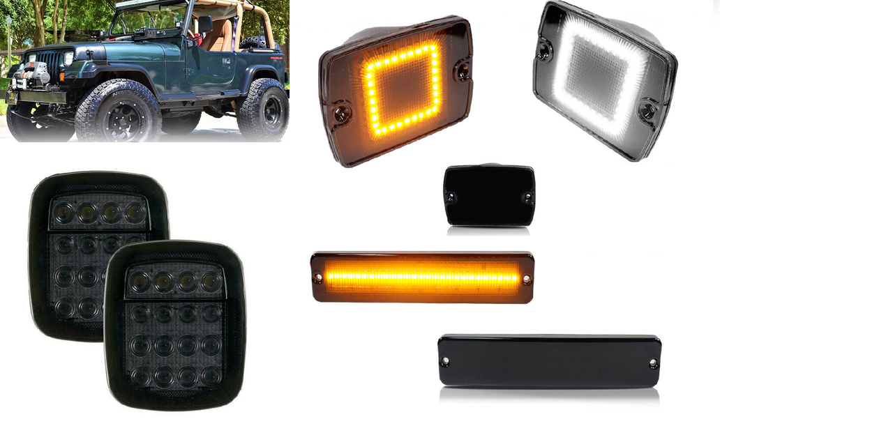Smoked 3 LED Light Set Tail Lights, Bumper Signals, Fender Side Markers for 1987-1995 Jeep Wrangler YJ Lighting