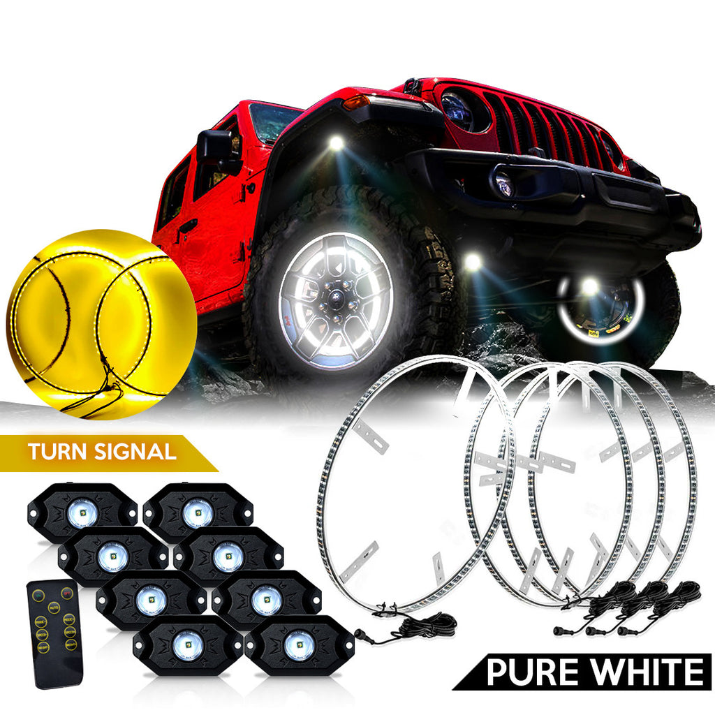 LED Wheel Lights Kit White with Turn Signal and 8 White Rock Lights Lighting