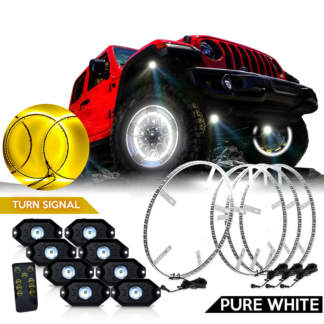 LED Wheel Lights Kit White with Turn Signal and 8 White Rock Lights Lighting