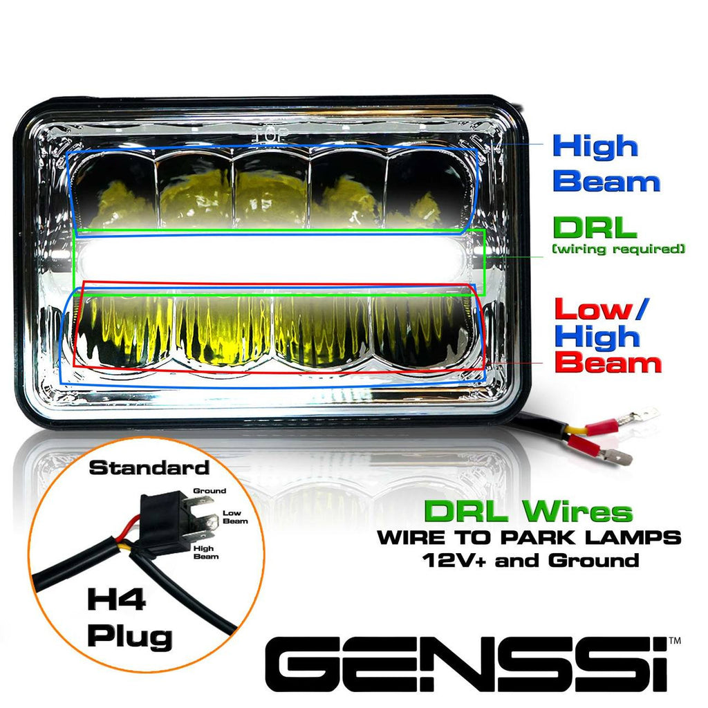 4x6 LED Reflector w/DRL Headlights Chrome Set Lighting