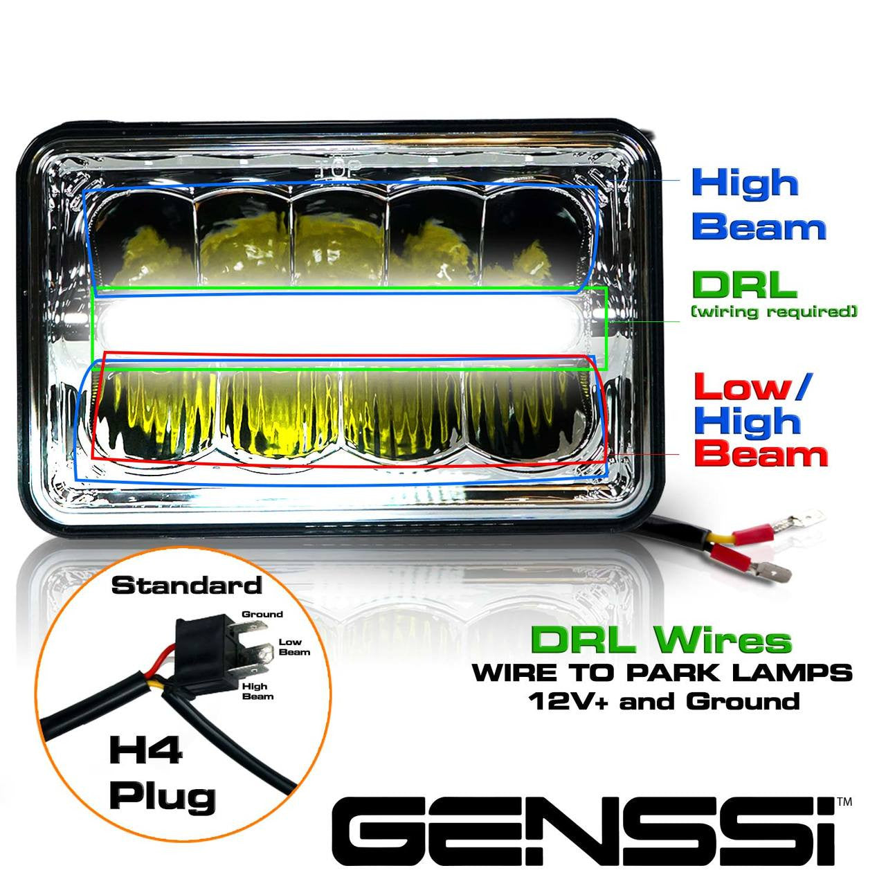 4x6 LED Reflector w/DRL Headlights Chrome Set Lighting