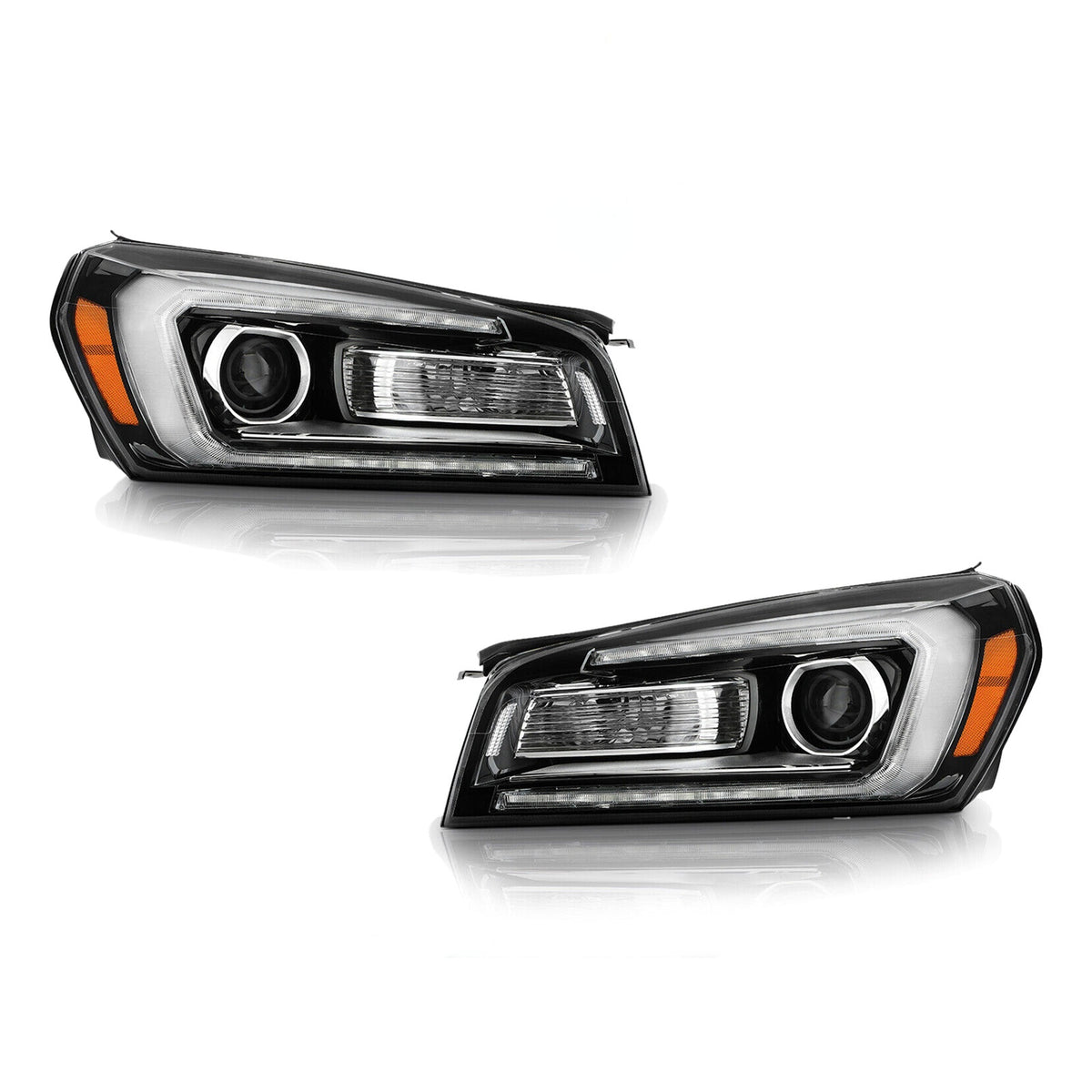 Black Halogen Projector Headlights Pair w/ LED Light Tube & Bulbs for GMC Acadia (2013-2016) & Acadia Limited (2017)