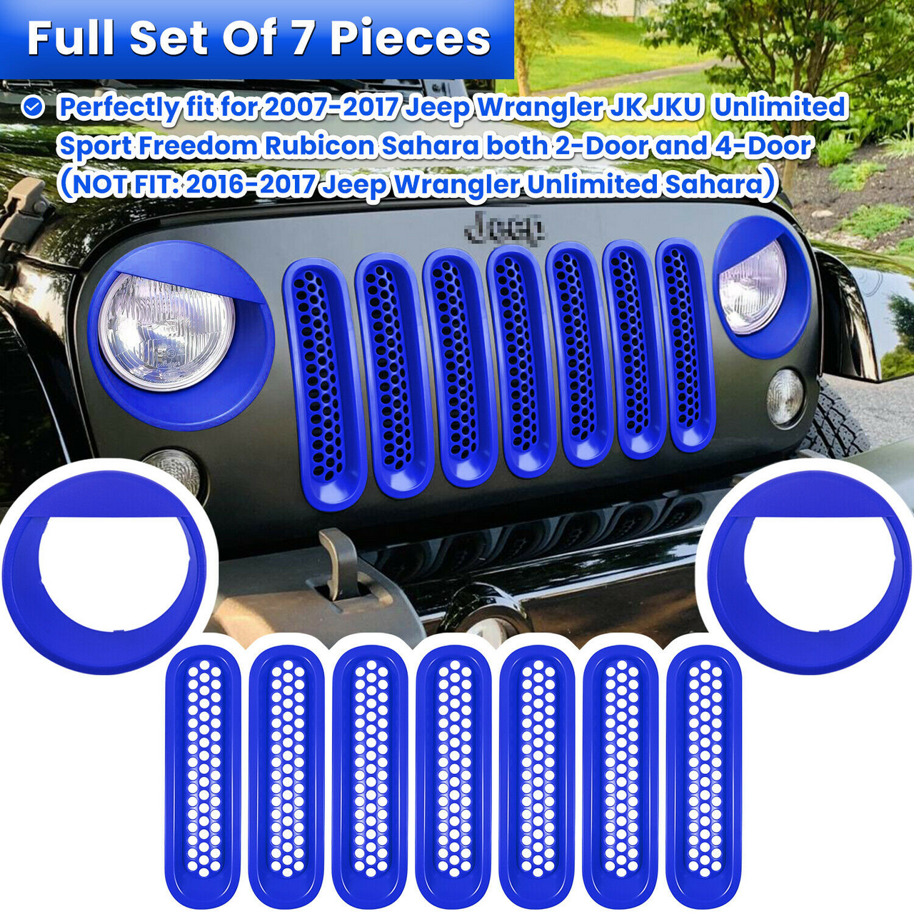 Front Grill Mesh Insert+Headlight Trim Cover for Jeep Wrangler JK JKU 2017 - 2018 - GENSSI Lighting